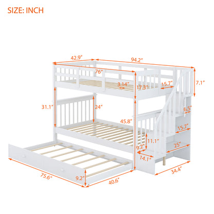 Stairway Bunk Bed - Twin Over Twin with Trundle, White Solid Wood