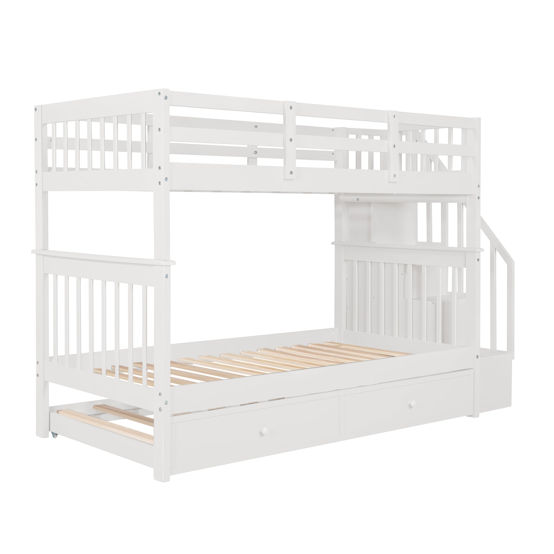 Stairway Bunk Bed - Twin Over Twin with Trundle, White Solid Wood