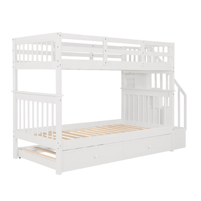 Stairway Bunk Bed - Twin Over Twin with Trundle, White Solid Wood