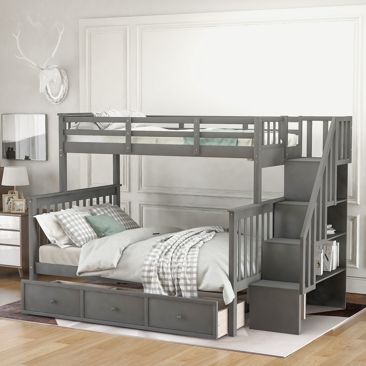 Stairway Twin-Over-Full Bunk Bed with Drawer, Storage and Guard Rail for Bedroom, Dorm, for Adults, Gray color(Old SKU: LT000219AAE)