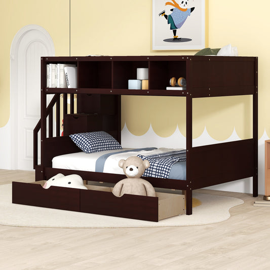 Twin over Full Bunk Bed with Shelfs, Storage Staircase and 2 Drawers, Espresso (OLD SKU:LT000228AAP-1)