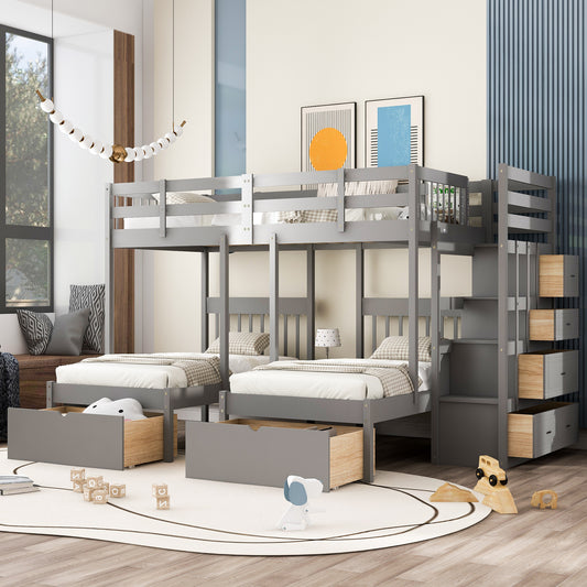 Full Over Twin & Twin Bunk Bed, Wood Triple Bunk Bed with Drawers and Guardrails,Gray ( OLD SKU:LT000443AAE-1)
