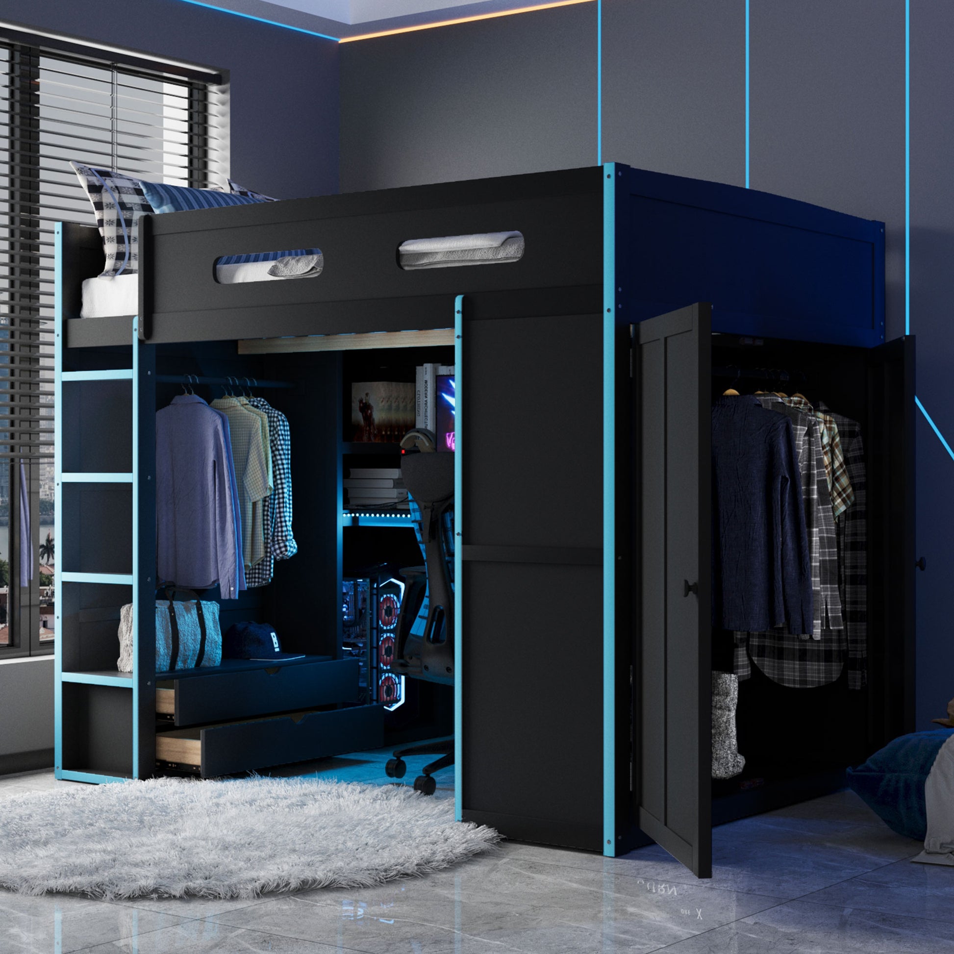 Full Size Blue Wood Loft Bed with Gamer Desk & Storage for Bedroom