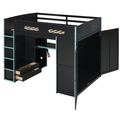 Full Size Blue Wood Loft Bed with Gamer Desk & Storage for Bedroom