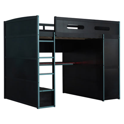 Full Size Blue Wood Loft Bed with Gamer Desk & Storage for Bedroom