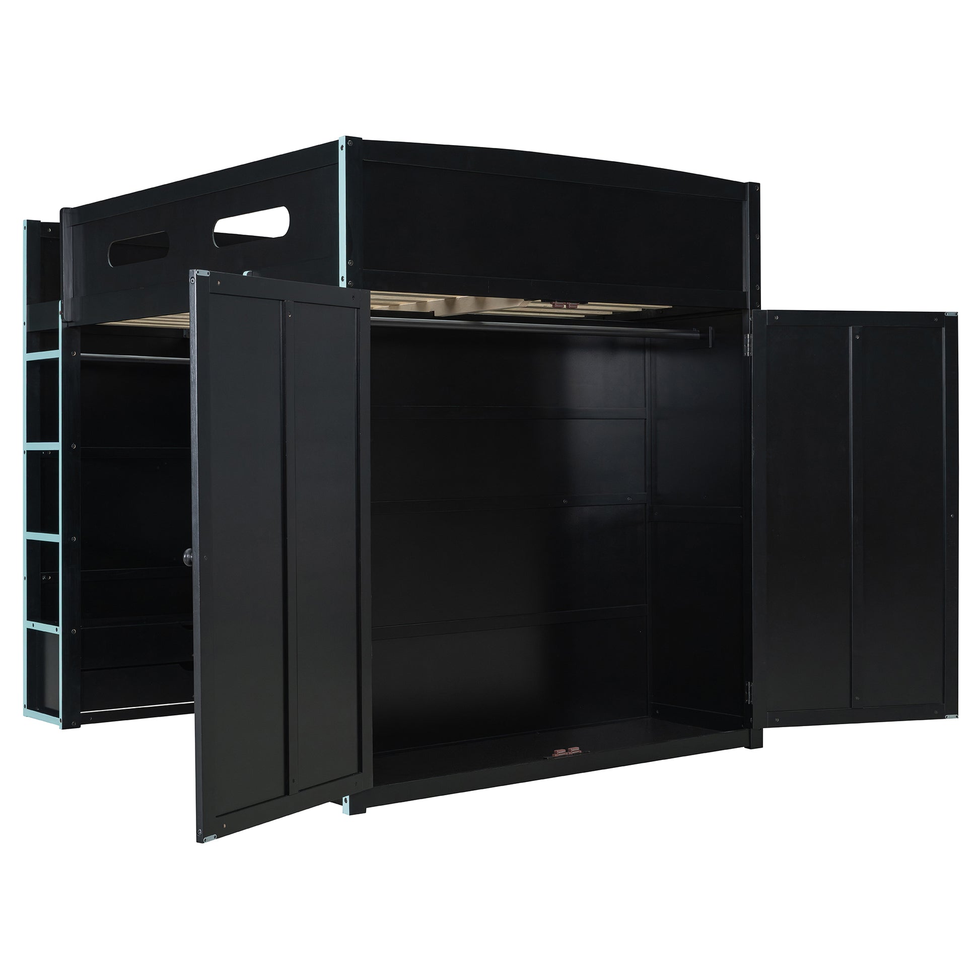 Full Size Blue Wood Loft Bed with Gamer Desk & Storage for Bedroom