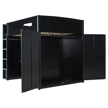 Full Size Blue Wood Loft Bed with Gamer Desk & Storage for Bedroom