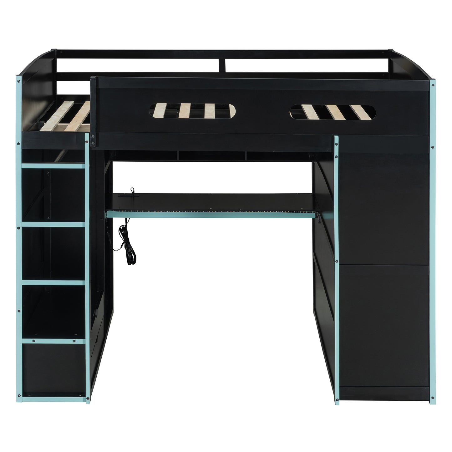 Full Size Blue Wood Loft Bed with Gamer Desk & Storage for Bedroom