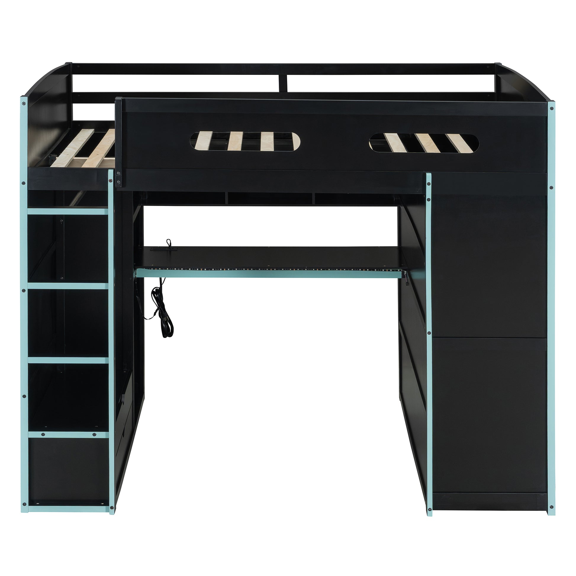 Full Size Blue Wood Loft Bed with Gamer Desk & Storage for Bedroom