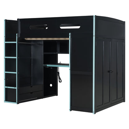 Full Size Blue Wood Loft Bed with Gamer Desk & Storage for Bedroom