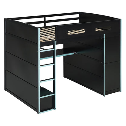 Full Size Blue Wood Loft Bed with Gamer Desk & Storage for Bedroom