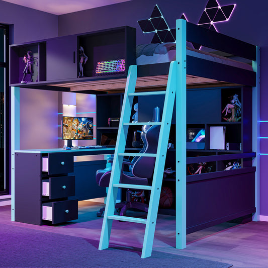 Full Size Wood Loft Bed with Desk, Ample Storage Space and Light, Blue