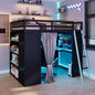 Full Size Wood Loft Bed with,Wardrobe,Shelves,Blackout Curtains,and RGB Lights,Black+Blue ( OLd SKU: LT000269AAC)