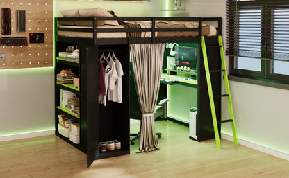 Full Size Loft Bed with Wardrobe & Desk - Black+Green