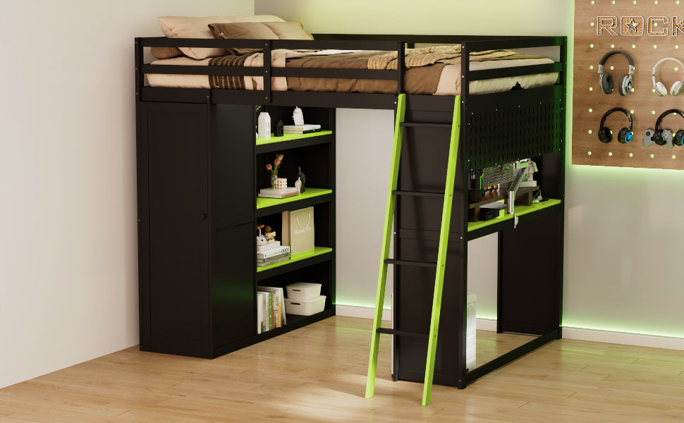 Full Size Loft Bed with Wardrobe & Desk - Black+Green