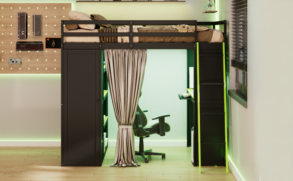 Full Size Loft Bed with Wardrobe & Desk - Black+Green