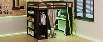 Full Size Loft Bed with Wardrobe & Desk - Black+Green