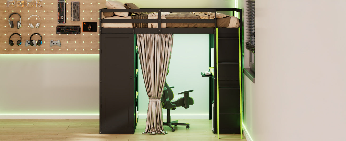 Full Size Loft Bed with Wardrobe & Desk - Black+Green