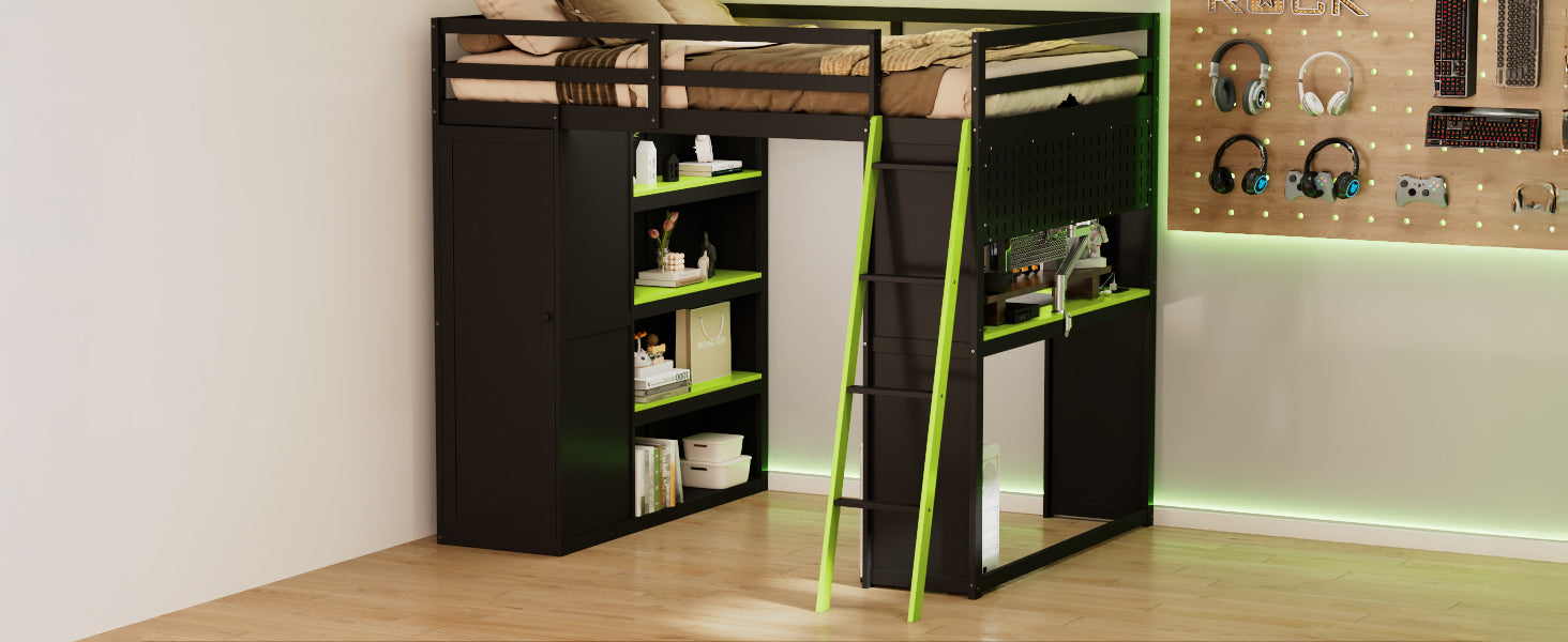 Full Size Loft Bed with Wardrobe & Desk - Black+Green