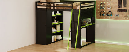 Full Size Loft Bed with Wardrobe & Desk - Black+Green
