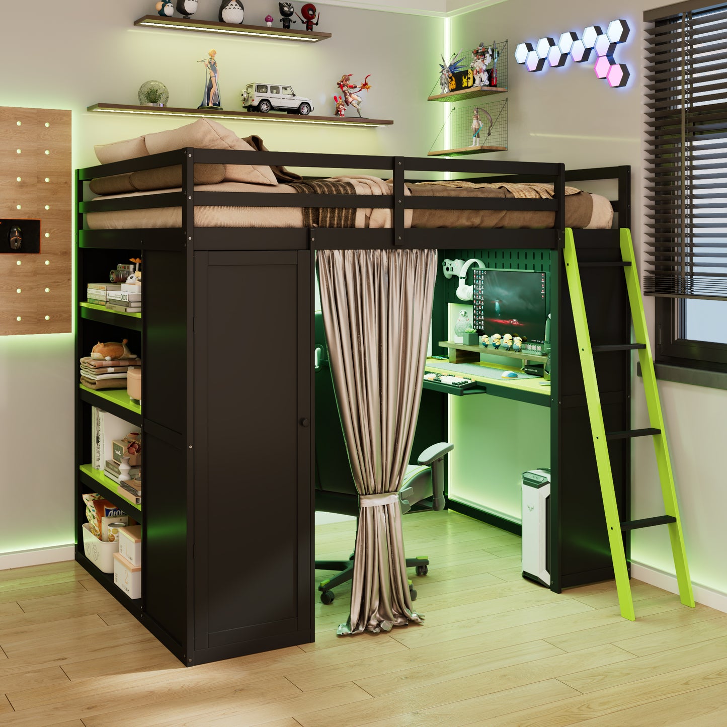 Full Size Wood Loft Bed with,Wardrobe,Shelves,Blackout Curtains,and RGB Lights,Black+Green (OLD SKU: LT000269AAG)