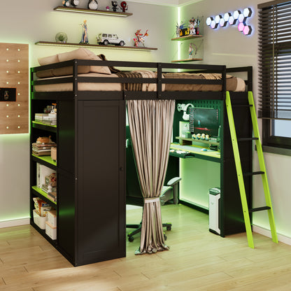 Full Size Wood Loft Bed with,Wardrobe,Shelves,Blackout Curtains,and RGB Lights,Black+Green (OLD SKU: LT000269AAG)