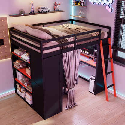 Full Size Loft Bed with Workstation - Black Red Wood