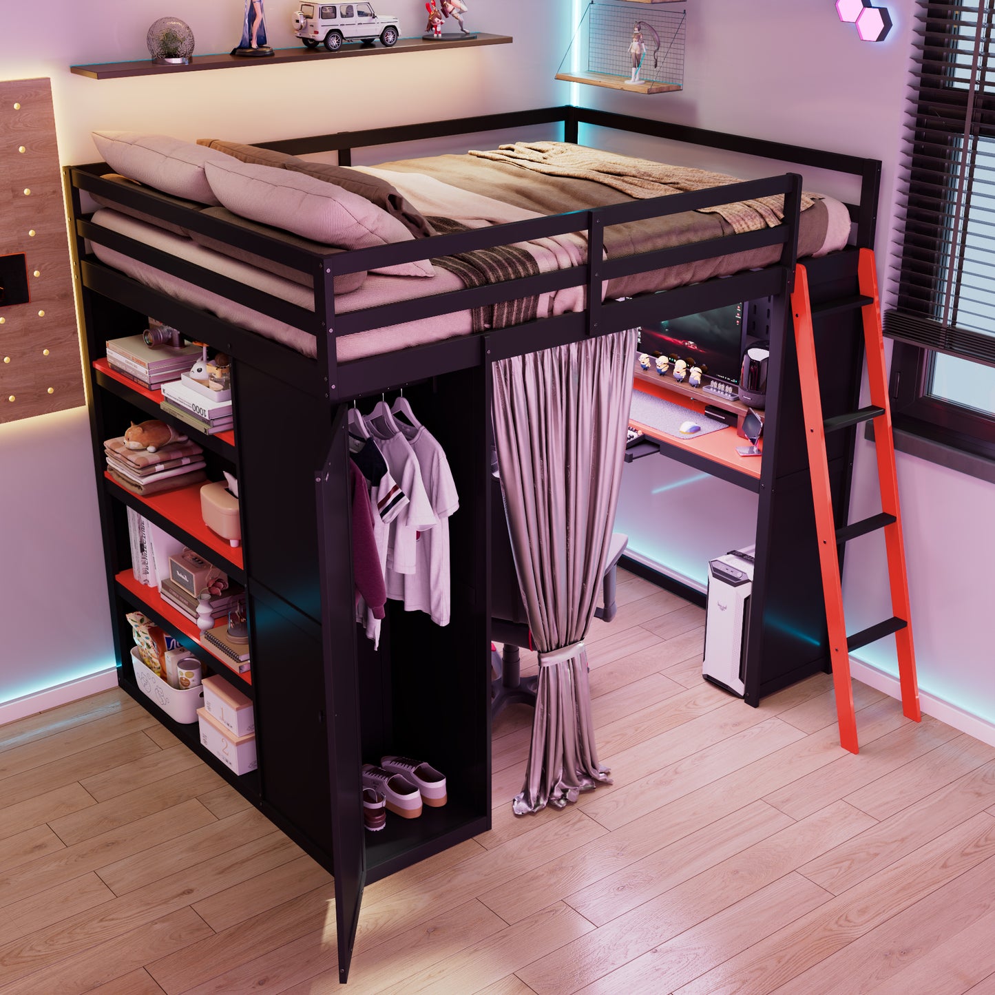 Full Size Loft Bed with Workstation - Black Red Wood