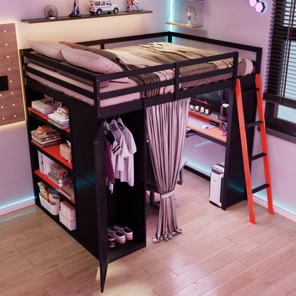 Full Size Loft Bed with Workstation - Black Red Wood