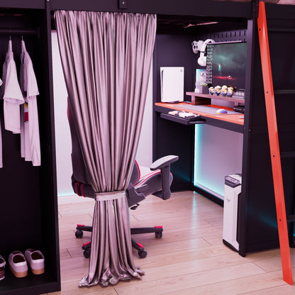 Full Size Loft Bed with Workstation - Black Red Wood