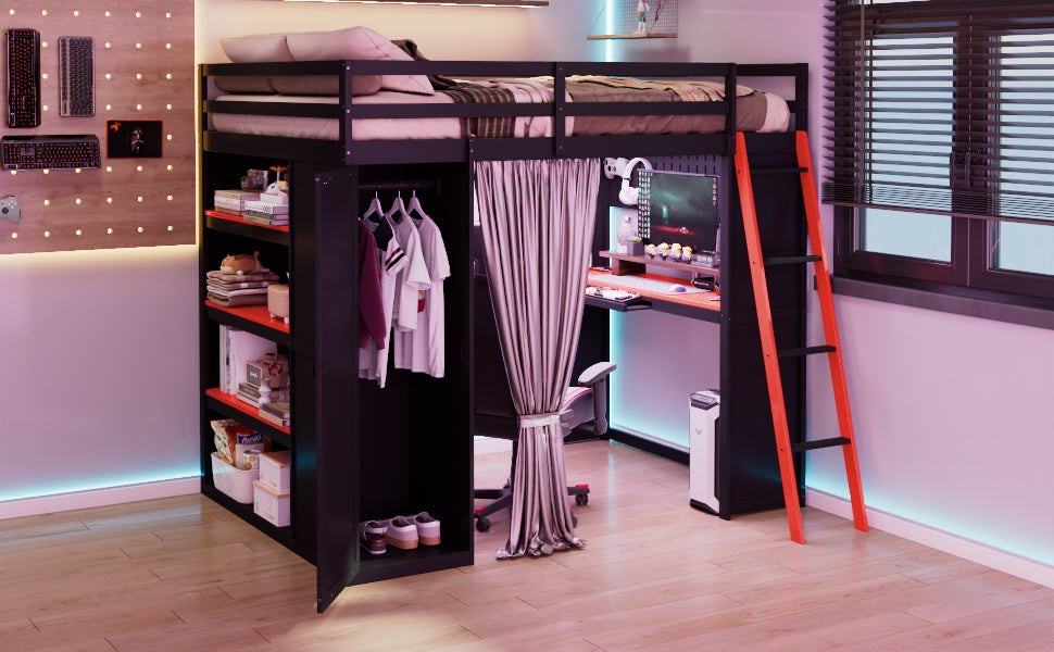 Full Size Loft Bed with Workstation - Black Red Wood