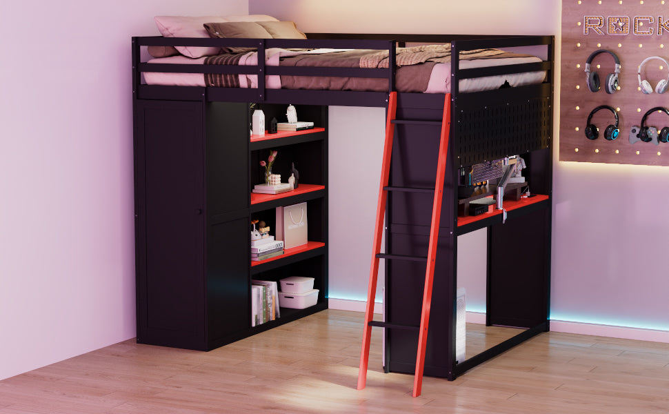 Full Size Loft Bed with Workstation - Black Red Wood