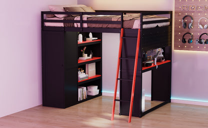Full Size Loft Bed with Workstation - Black Red Wood