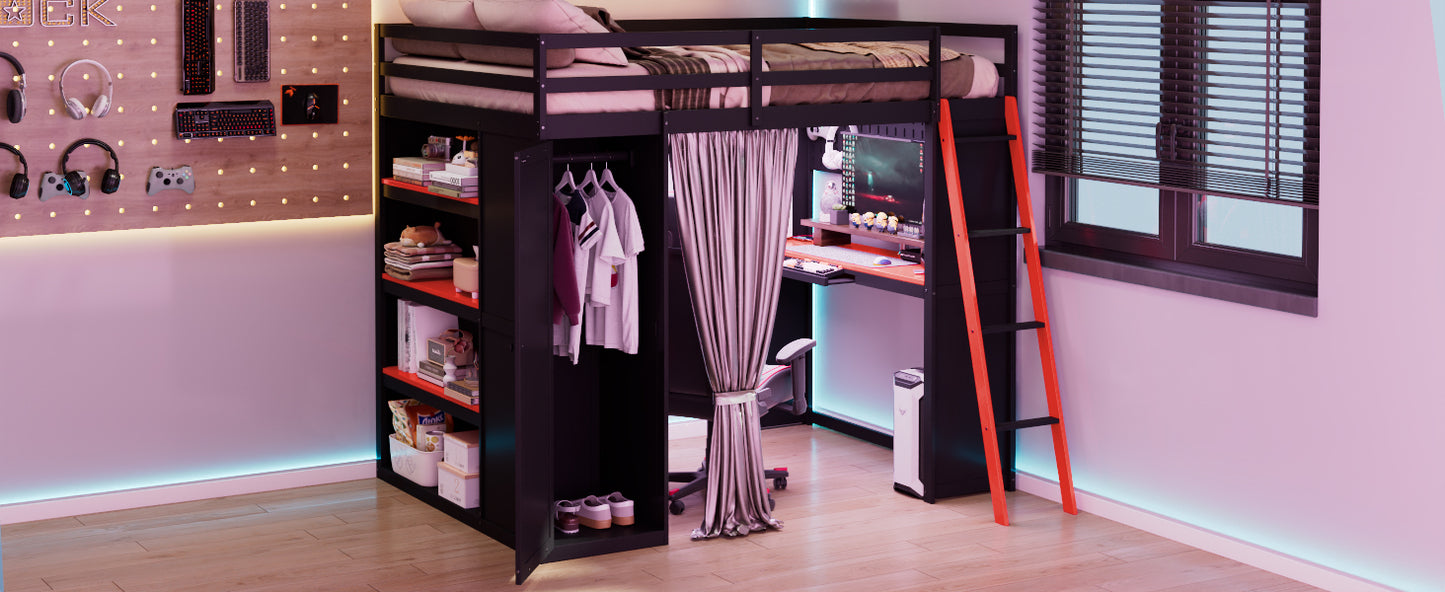 Full Size Loft Bed with Workstation - Black Red Wood