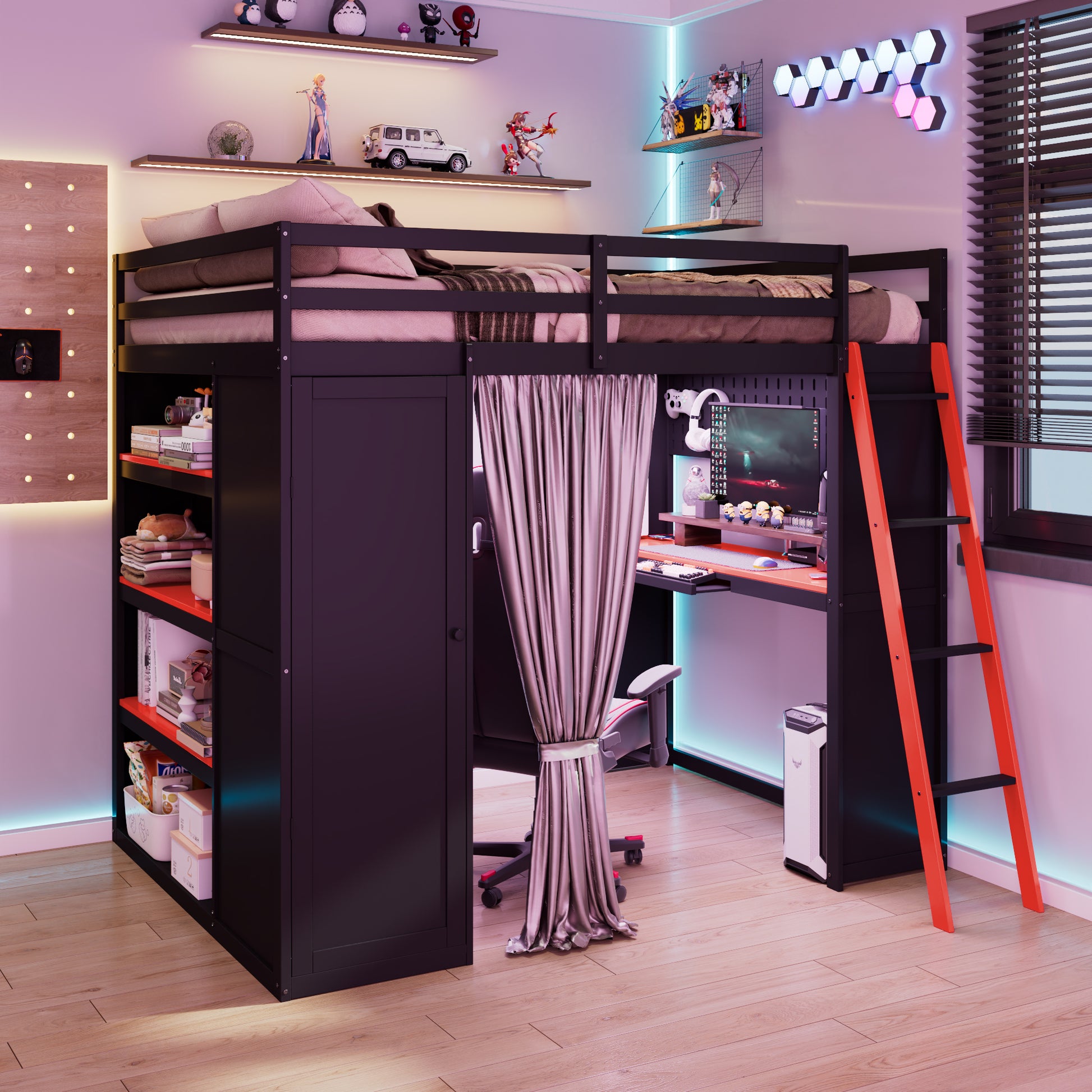 Full Size Wood Loft Bed with,Wardrobe,Shelves,Blackout Curtains,and RGB Lights,Black+Red ( OLD SKU: LT000269AAR)