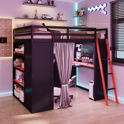 Full Size Wood Loft Bed with,Wardrobe,Shelves,Blackout Curtains,and RGB Lights,Black+Red ( OLD SKU: LT000269AAR)