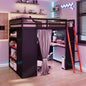 Full Size Wood Loft Bed with,Wardrobe,Shelves,Blackout Curtains,and RGB Lights,Black+Red ( OLD SKU: LT000269AAR)