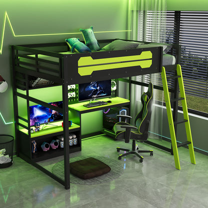 Full Size Wood Loft Bed with Desk, Shelves, LED Lights, USB Ports and Pegboard, Black+Green
