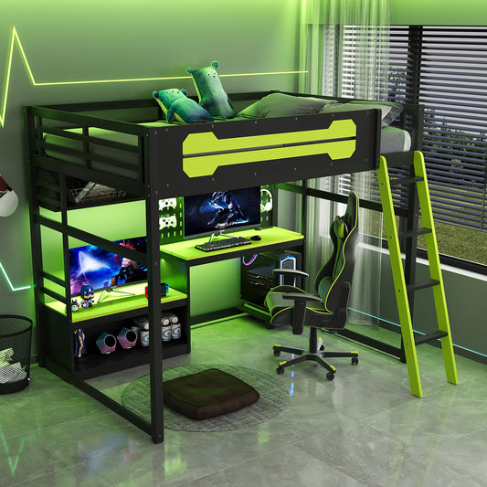 Full Size Wood Loft Bed with Desk, Shelves, LED Lights, USB Ports and Pegboard, Black+Green