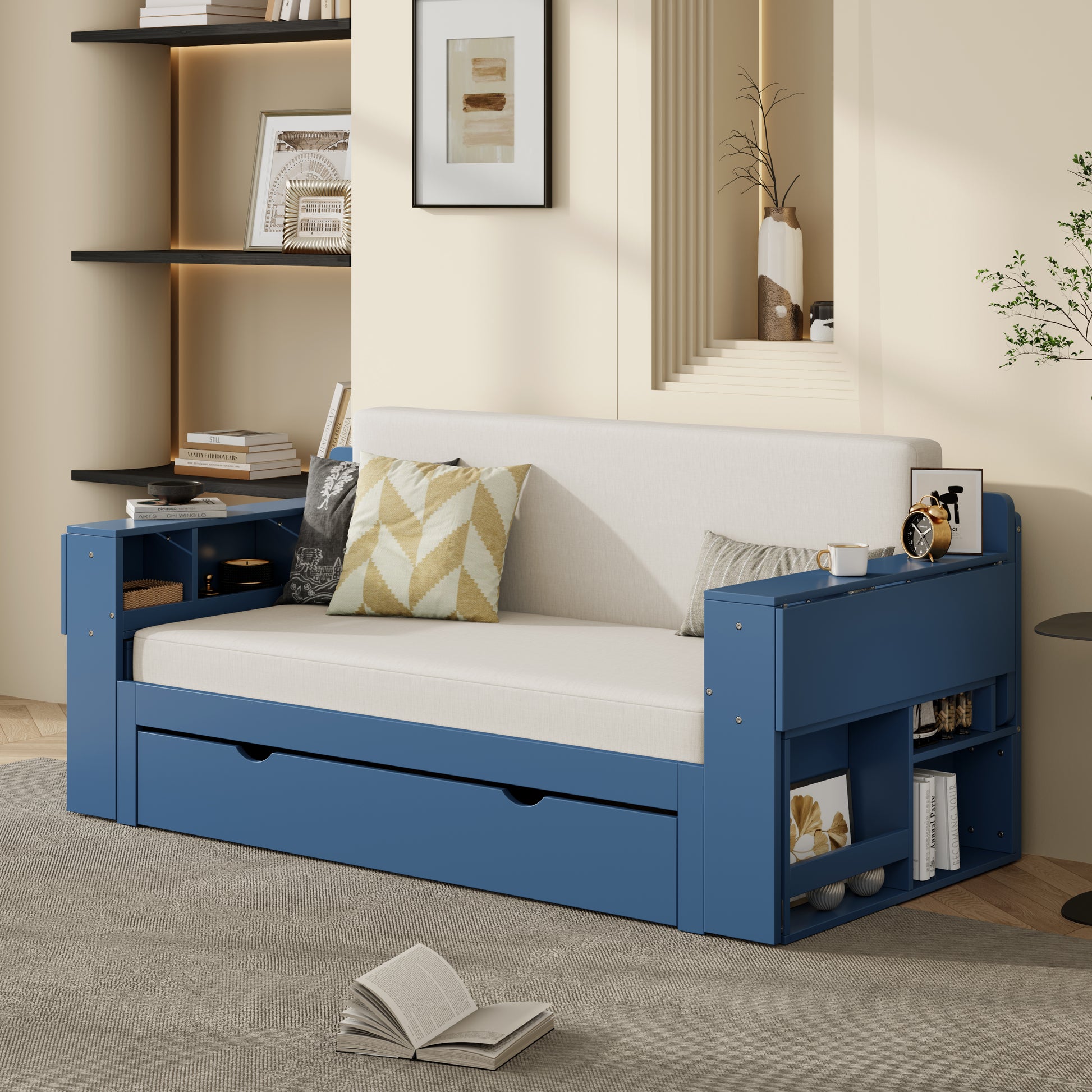 Full Size Daybed with Removable Desk, Storage Drawers & Hydraulic Side Table, Blue