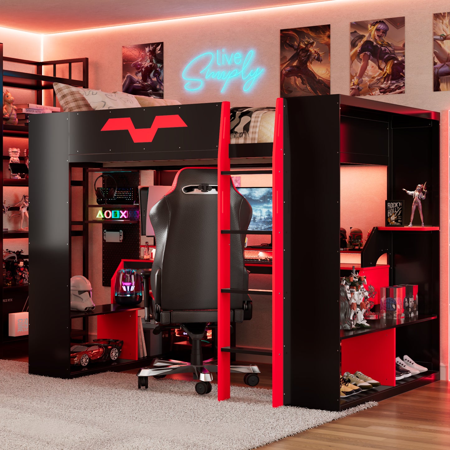 Full Size Wood Loft Bed with Power Outlet & USB/Type-C Ports, Integrated Cable Management, and RGB Light, Red