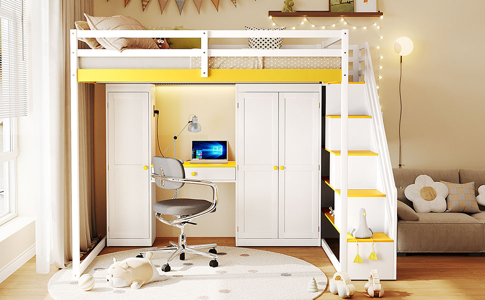 Full Size Loft Bed with Storage - White & Yellow for Bedroom