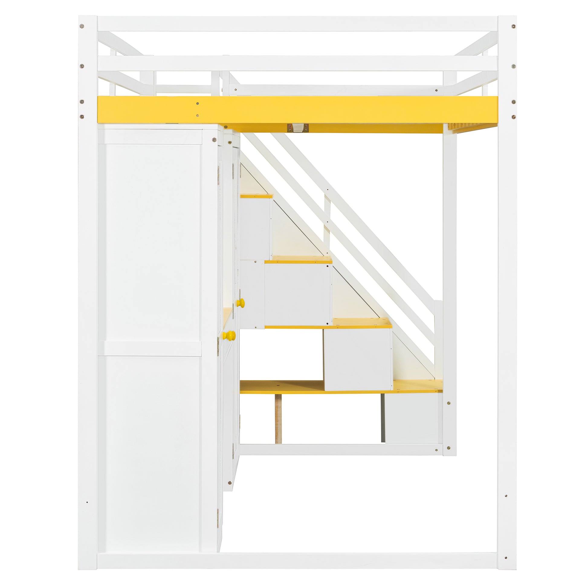 Full Size Loft Bed with Storage - White & Yellow for Bedroom