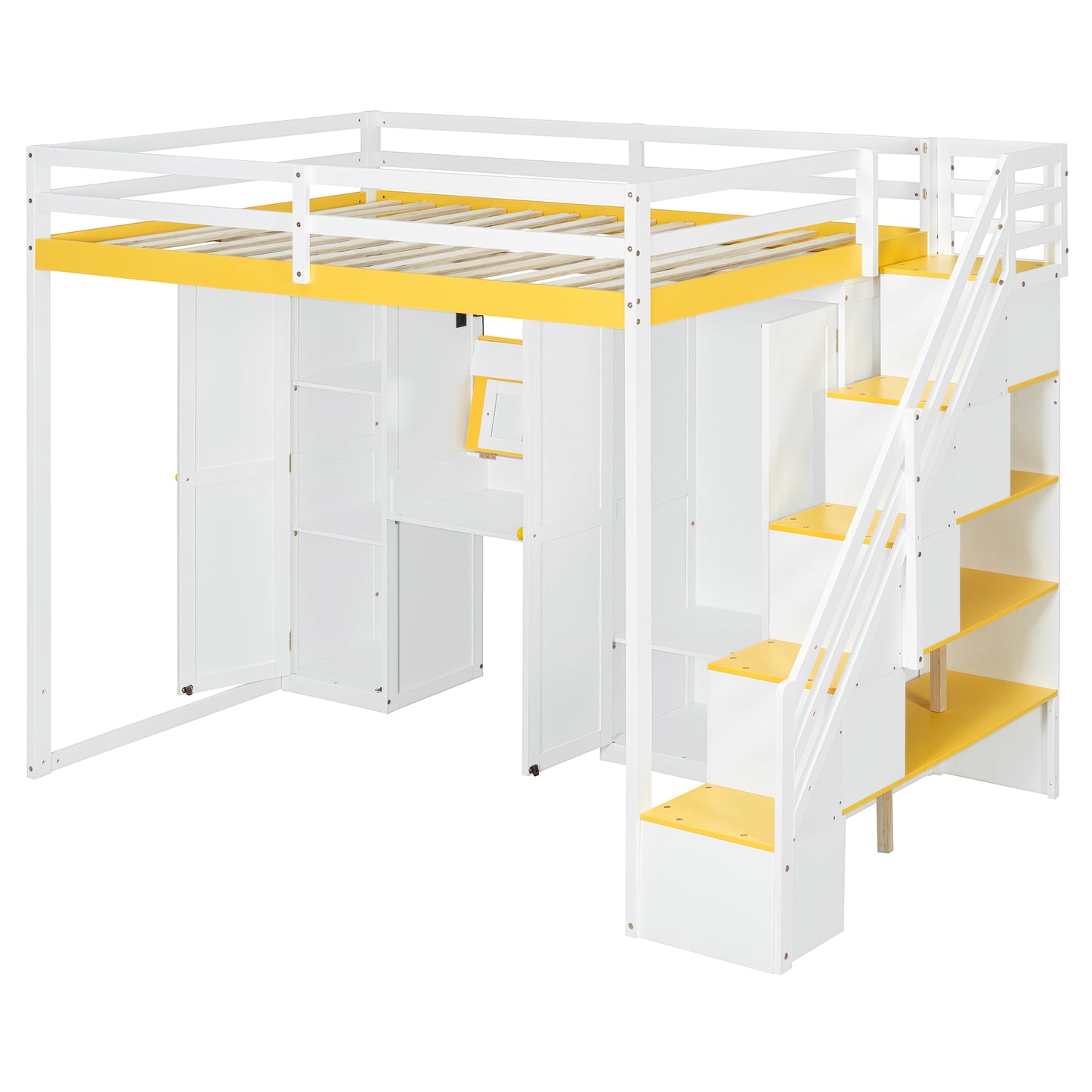 Full Size Loft Bed with Storage - White & Yellow for Bedroom