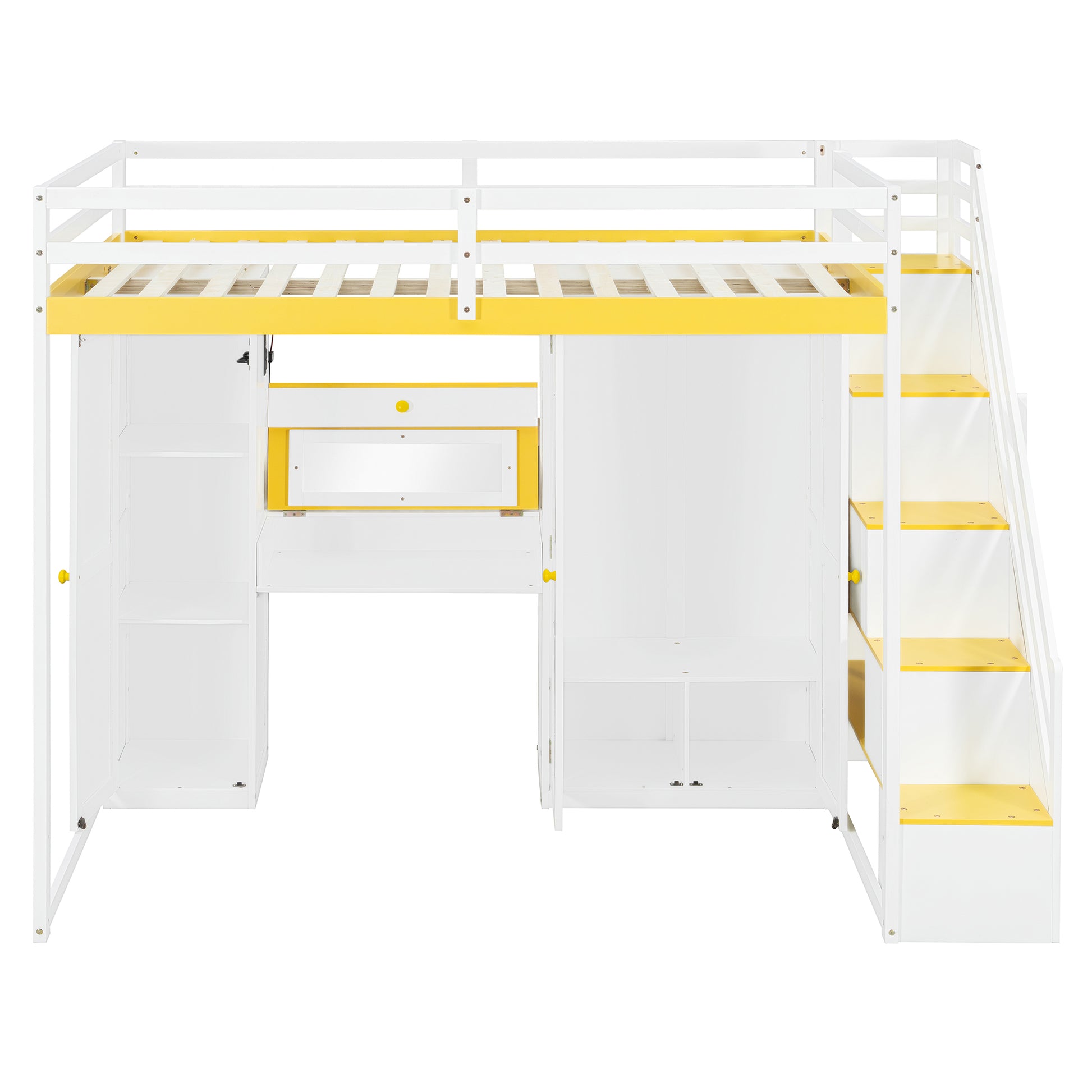 Full Size Loft Bed with Storage - White & Yellow for Bedroom