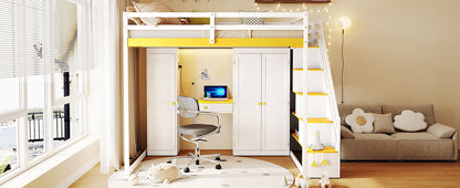 Full Size Loft Bed with Storage - White & Yellow for Bedroom