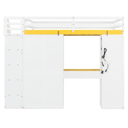 Full Size Loft Bed with Storage - White & Yellow for Bedroom
