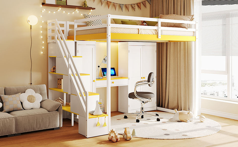 Full Size Loft Bed with Storage - White & Yellow for Bedroom