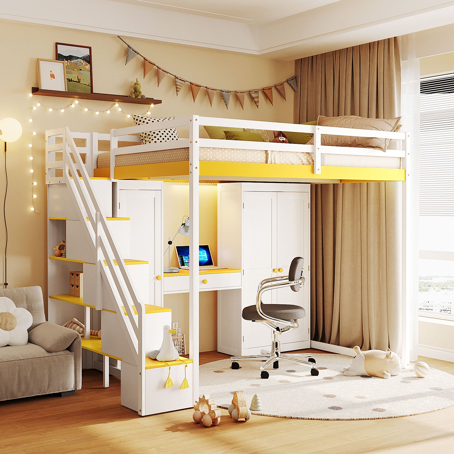 Full Size Loft Bed with Storage Staircase,Built-In Dressing Table with Mirror and Drawer, Wardrobe & Cabinets, USB Charging Ports and Lights, White+Yellow