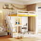 Full Size Loft Bed with Storage Staircase,Built-In Dressing Table with Mirror and Drawer, Wardrobe & Cabinets, USB Charging Ports and Lights, White+Yellow